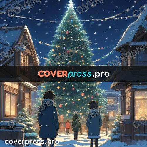 Shinkai style anime landscape: lit tree on a snowy square