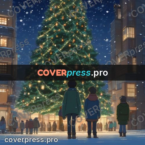 Shinkai style anime landscape: lit tree on a snowy square