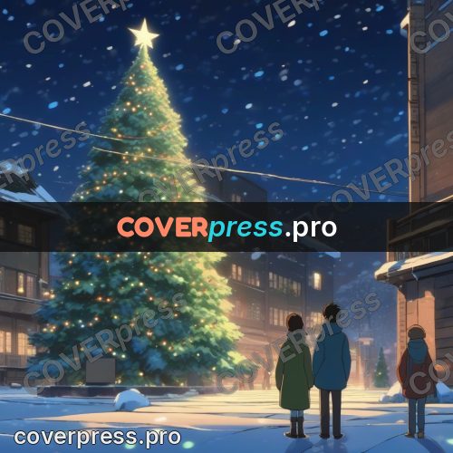 Shinkai style anime landscape: lit tree on a snowy square