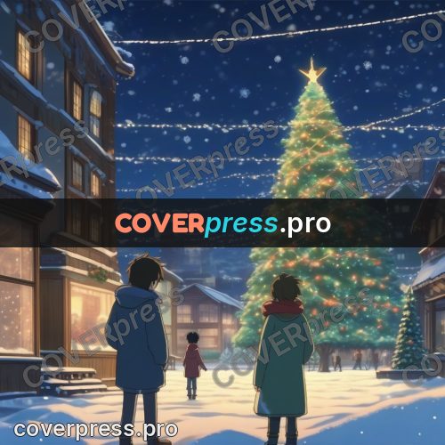 Shinkai style anime landscape: lit tree on a snowy square