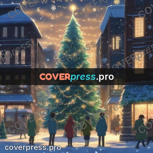 Shinkai style anime landscape: lit tree on a snowy square