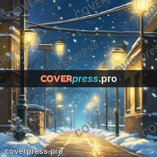 Shinkai style anime landscape: snowy street with lamps