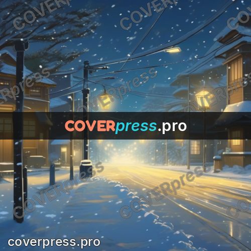 Shinkai style anime landscape: snowy street with lamps