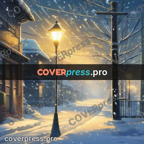 Shinkai style anime landscape: snowy street with lamps