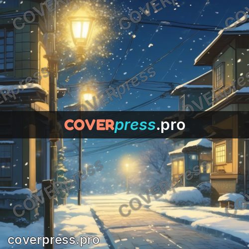Shinkai style anime landscape: snowy street with lamps