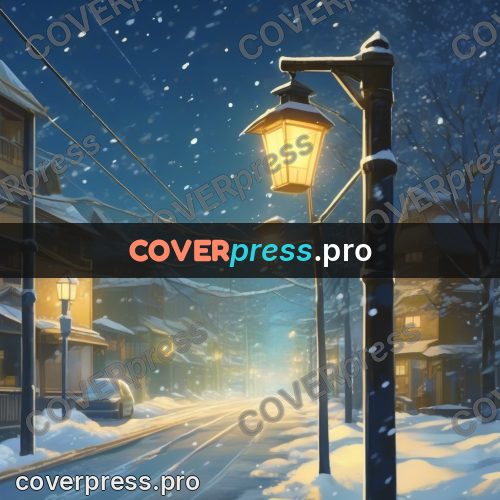 Shinkai style anime landscape: snowy street with lamps