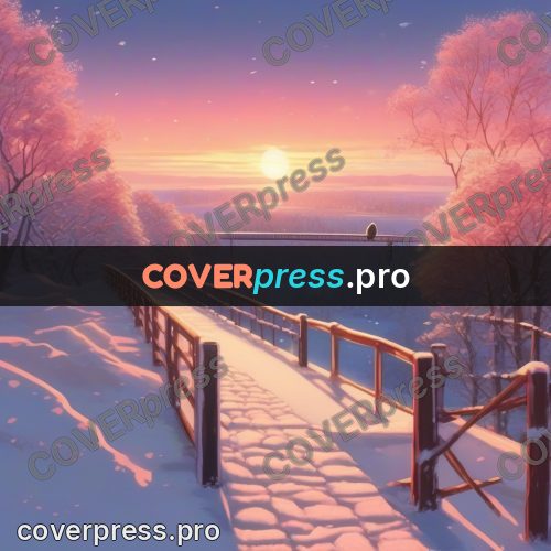 Shinkai style anime landscape: snowy bridge at sunset