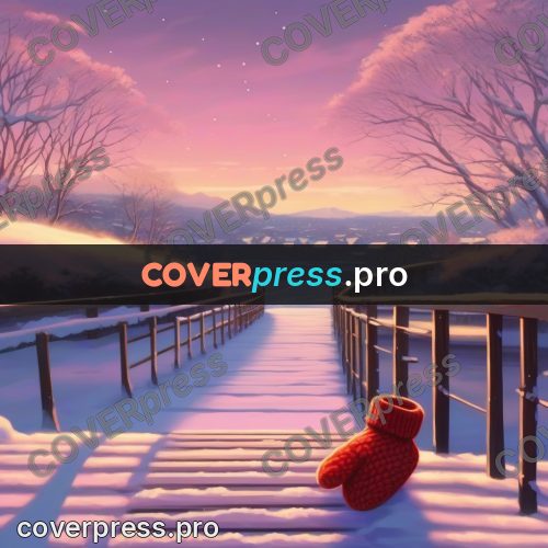 Shinkai style anime landscape: snowy bridge at sunset
