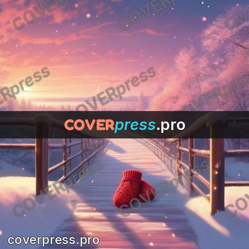 Shinkai style anime landscape: snowy bridge at sunset