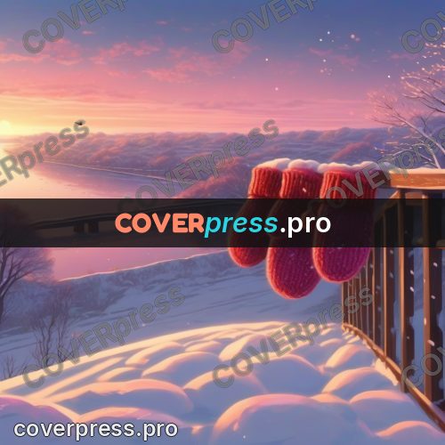 Shinkai style anime landscape: snowy bridge at sunset