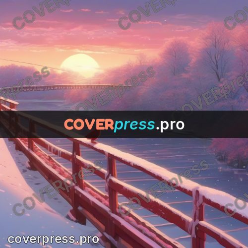 Shinkai style anime landscape: snowy bridge at sunset