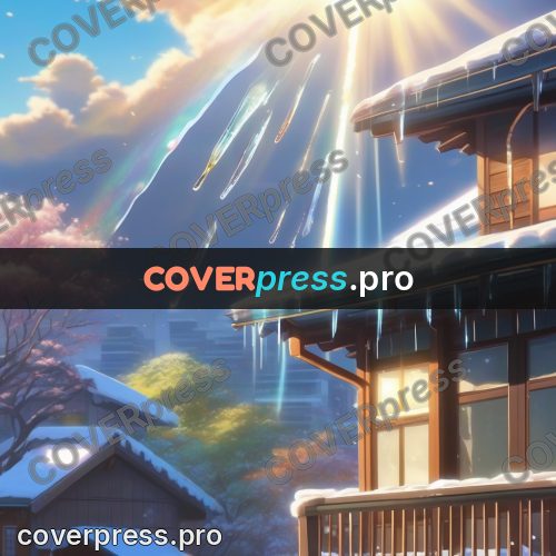Shinkai style anime landscape: rainbow above snowy roofs