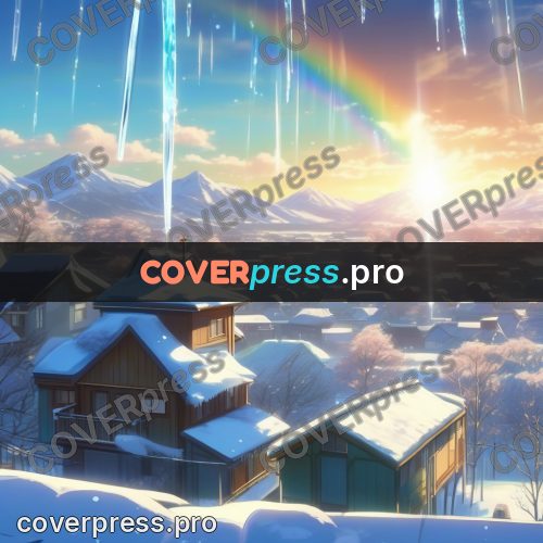 Shinkai style anime landscape: rainbow above snowy roofs