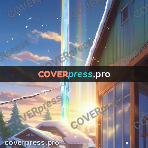 Shinkai style anime landscape: rainbow above snowy roofs