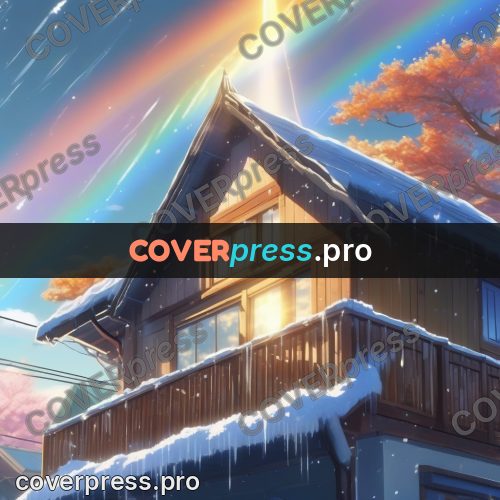 Shinkai style anime landscape: rainbow above snowy roofs