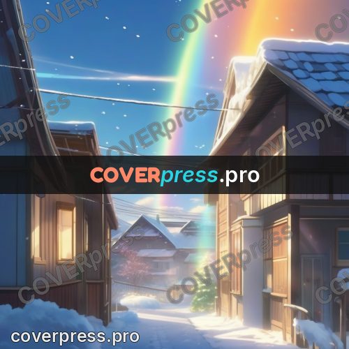 Shinkai style anime landscape: rainbow above snowy roofs