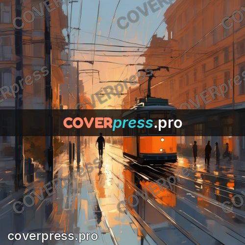 Campion style drawing: orange tram on a wet street