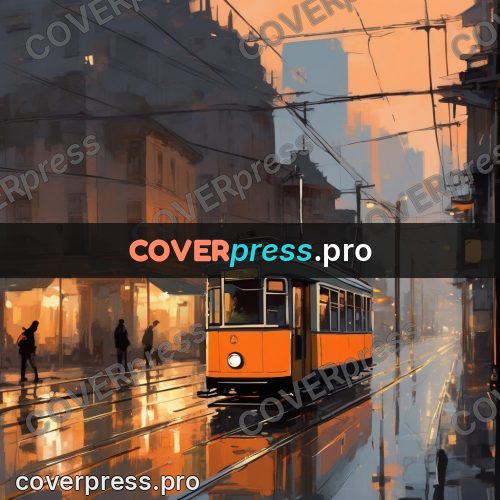 Campion style drawing: orange tram on a wet street