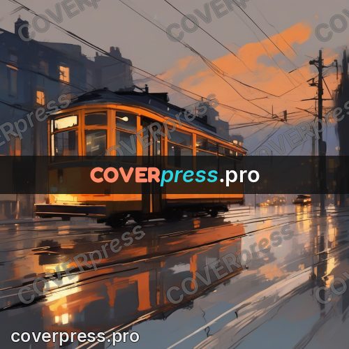 Campion style drawing: orange tram on a wet street