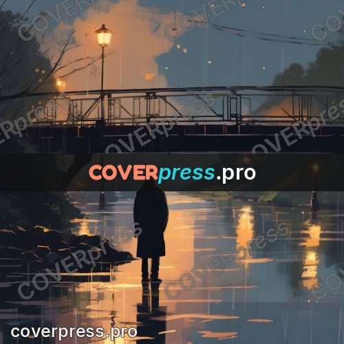 Campion style drawing: figure by a bridge over water