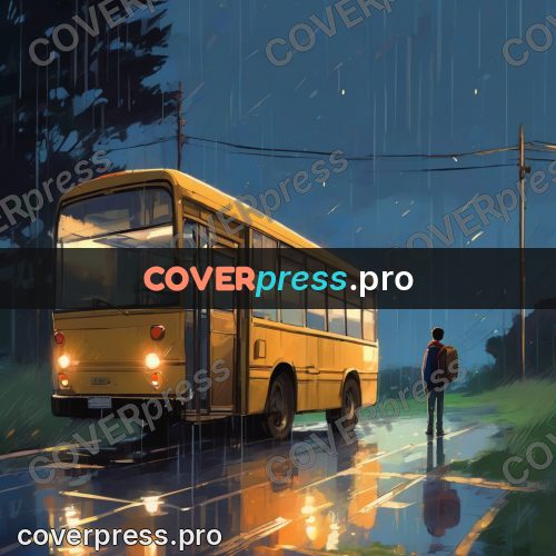 Campion style drawing: bus at a rainy stop