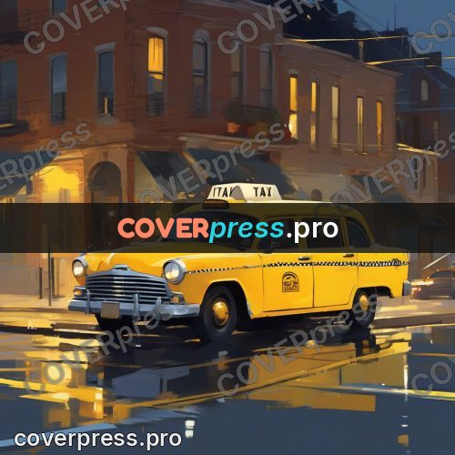 Campion style drawing: yellow taxi on a wet street