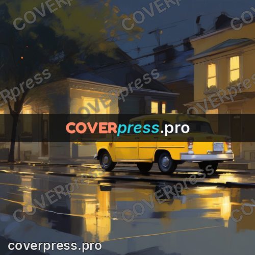 Campion style drawing: yellow taxi on a wet street