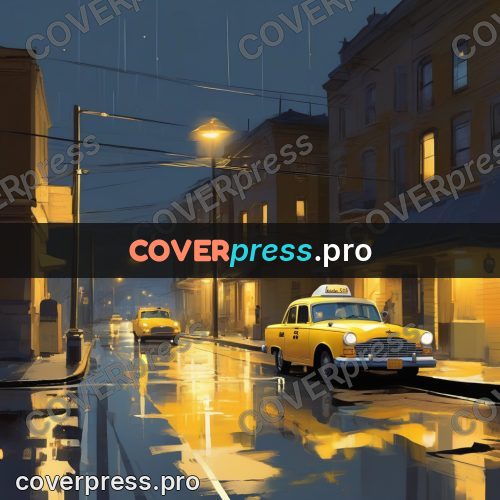 Campion style drawing: yellow taxi on a wet street