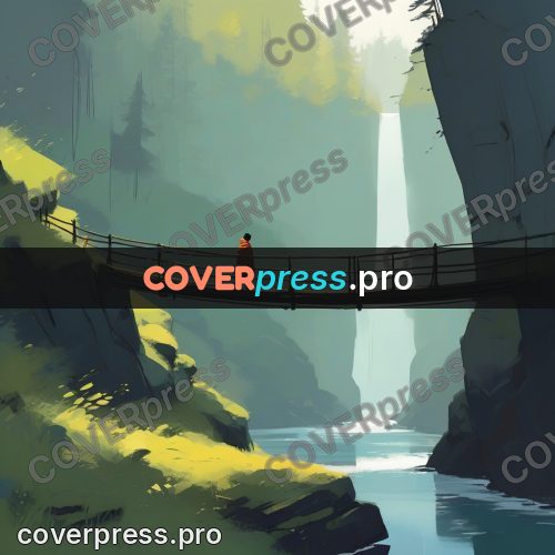 Campion style drawing: suspension bridge over a gorge