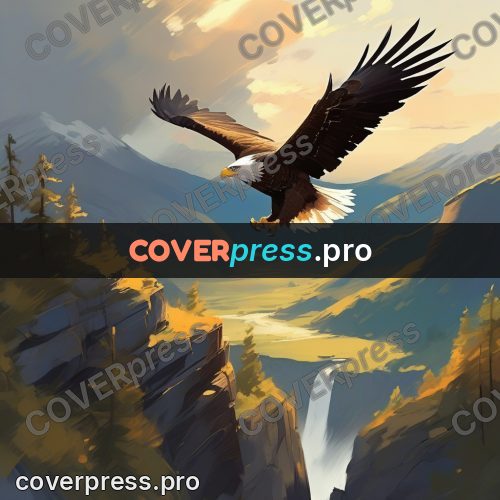 Campion style drawing: eagle above a mountain valley