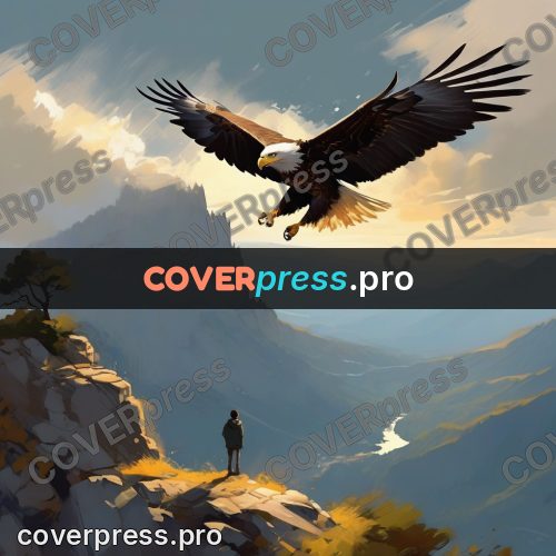 Campion style drawing: eagle above a mountain valley