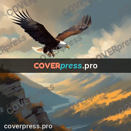Campion style drawing: eagle above a mountain valley