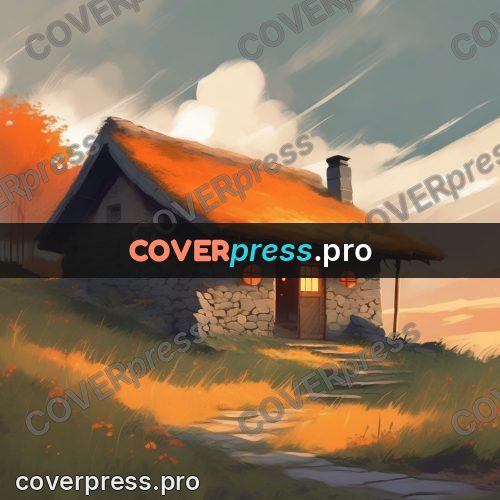 Campion style drawing: stone house with a rust roof