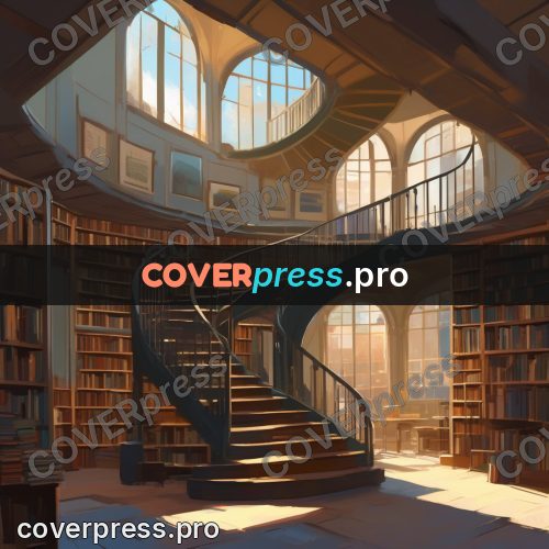 Campion style drawing: spiral staircase among shelves