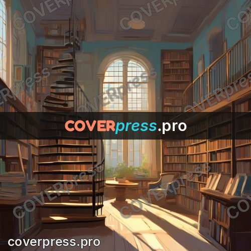 Campion style drawing: spiral staircase among shelves