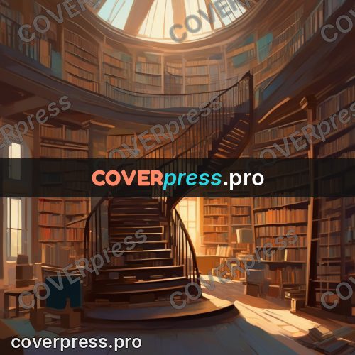Campion style drawing: spiral staircase among shelves