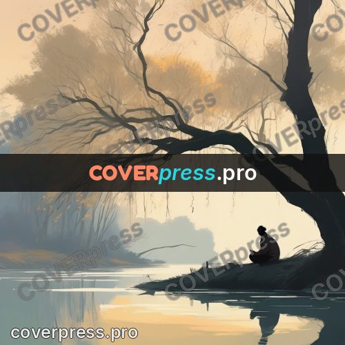 Campion style drawing: figure under a tree by water