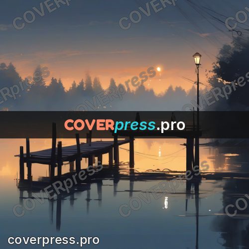 Campion style drawing: jetty with lamps at dusk