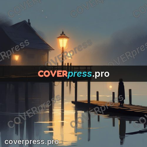 Campion style drawing: jetty with lamps at dusk
