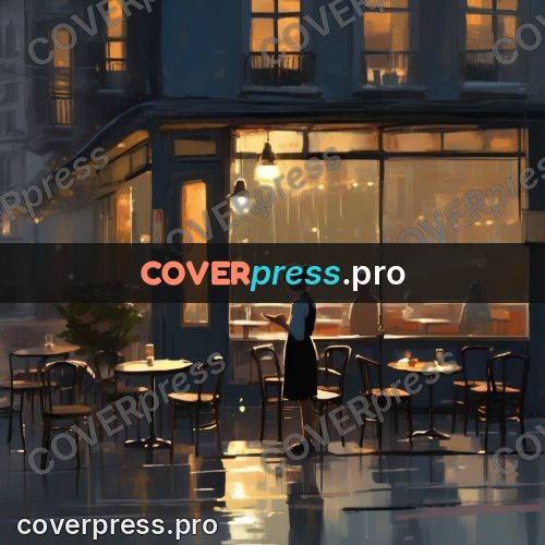 Campion style drawing: figure by a lit cafe