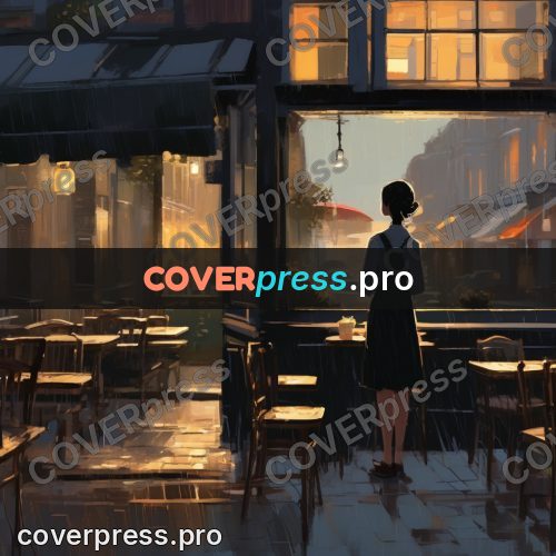 Campion style drawing: figure by a lit cafe