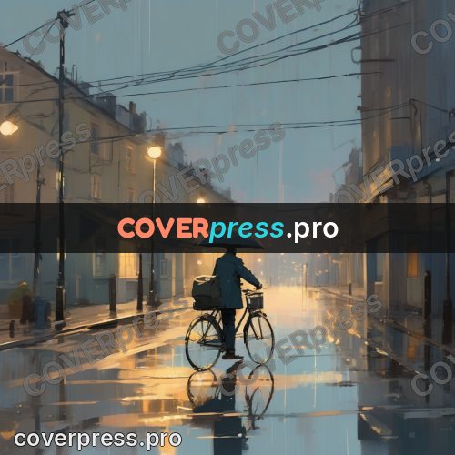 Campion style drawing: cyclist on a wet street