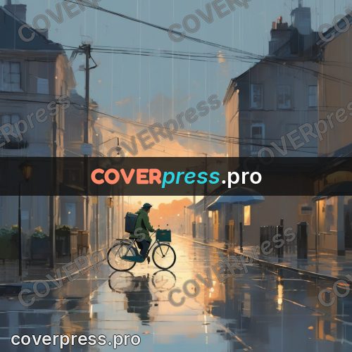 Campion style drawing: cyclist on a wet street
