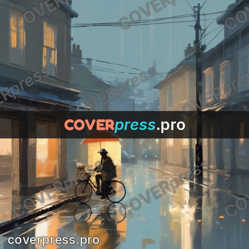 Campion style drawing: cyclist on a wet street