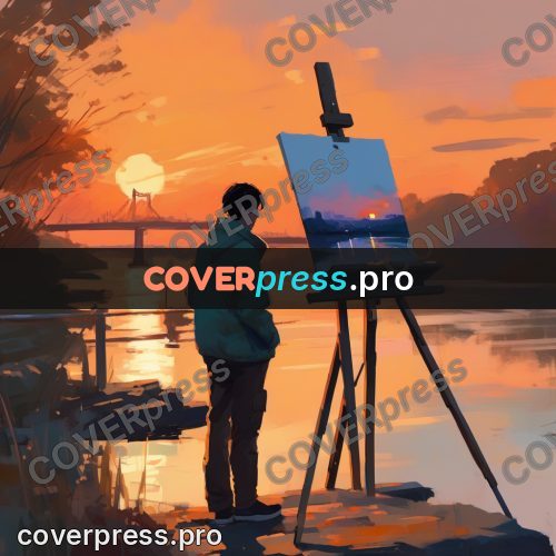 Campion style drawing: painter at an easel at sunset