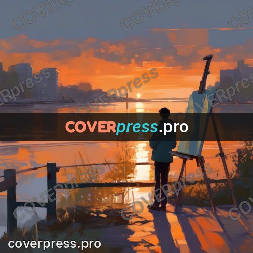 Campion style drawing: painter at an easel at sunset