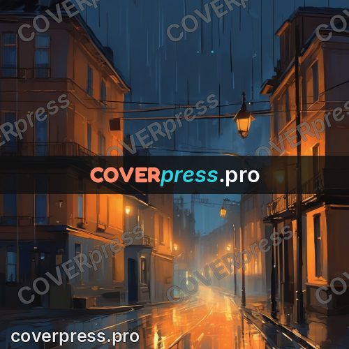 Campion style drawing: wet street with lamps at night