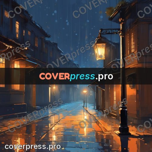 Campion style drawing: wet street with lamps at night