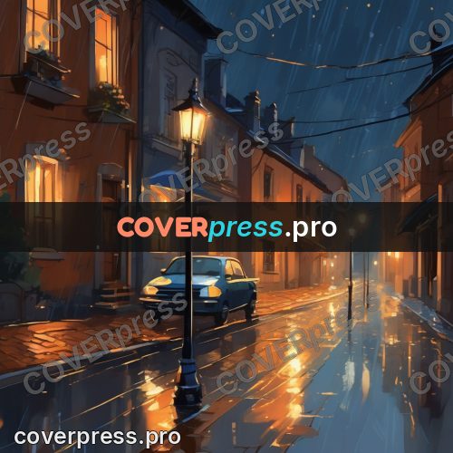 Campion style drawing: wet street with lamps at night