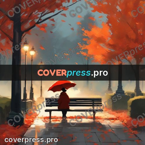 Campion style drawing: red umbrella by a bench